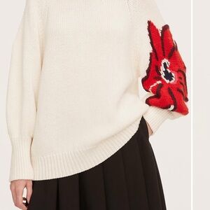 Rebecca Taylor White and Red Crew Neck Sweater with Floral Appliqué